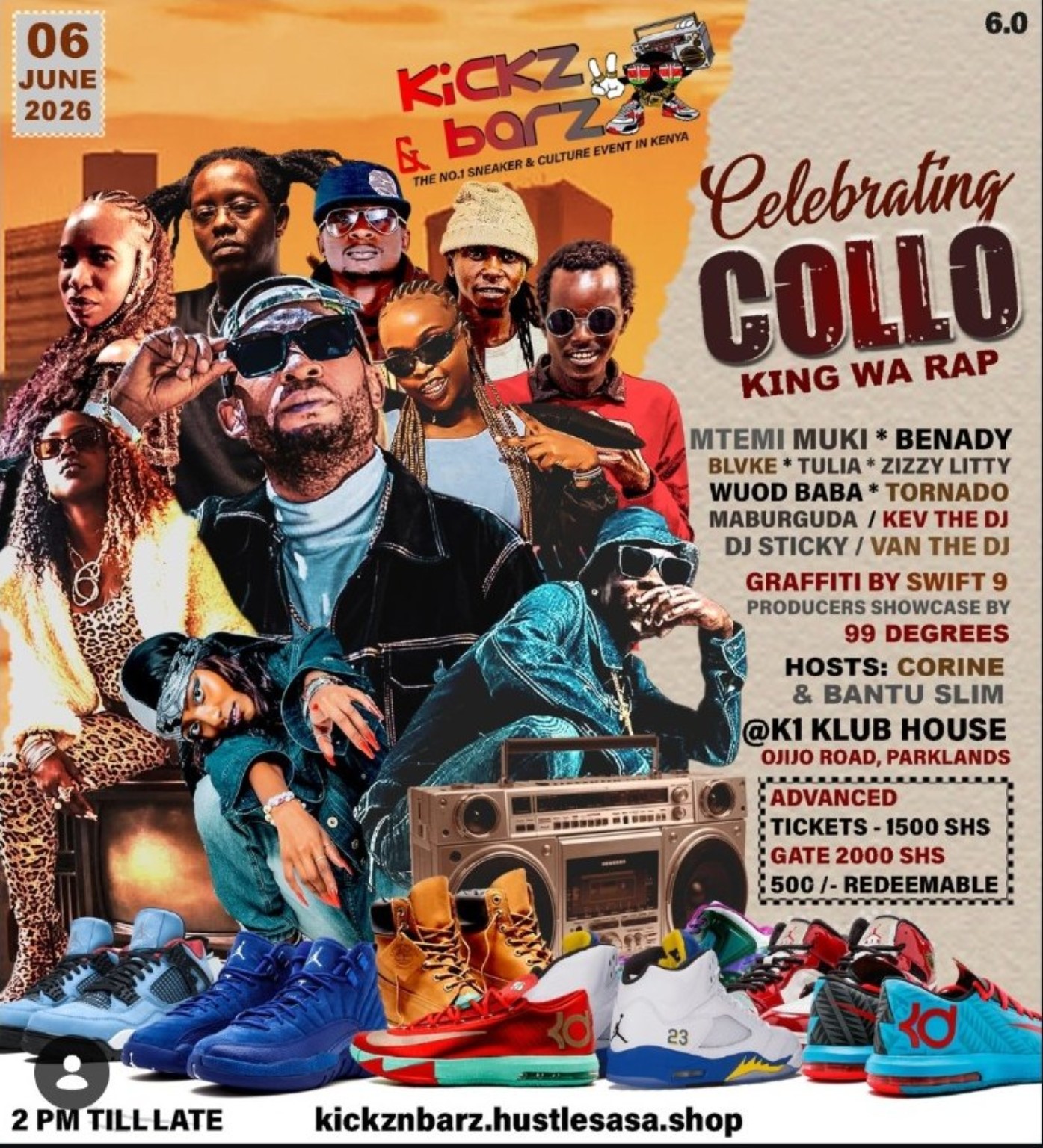 Official Kickz & Barz 6.0 Celebrating Collo poster with supporting artists and ticket details