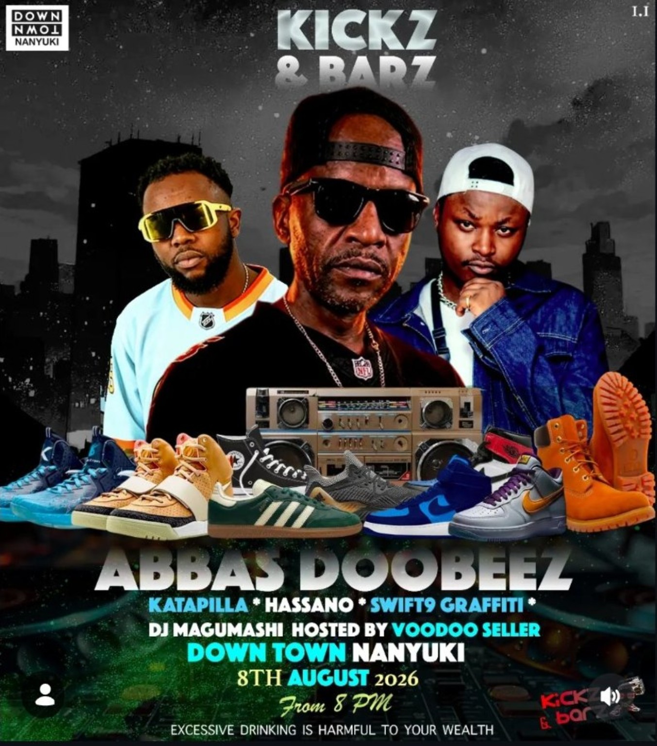 Original Kickz and Barz Down Town Nanyuki poster with Abbas Kubaff, Katapilla and Hassano
